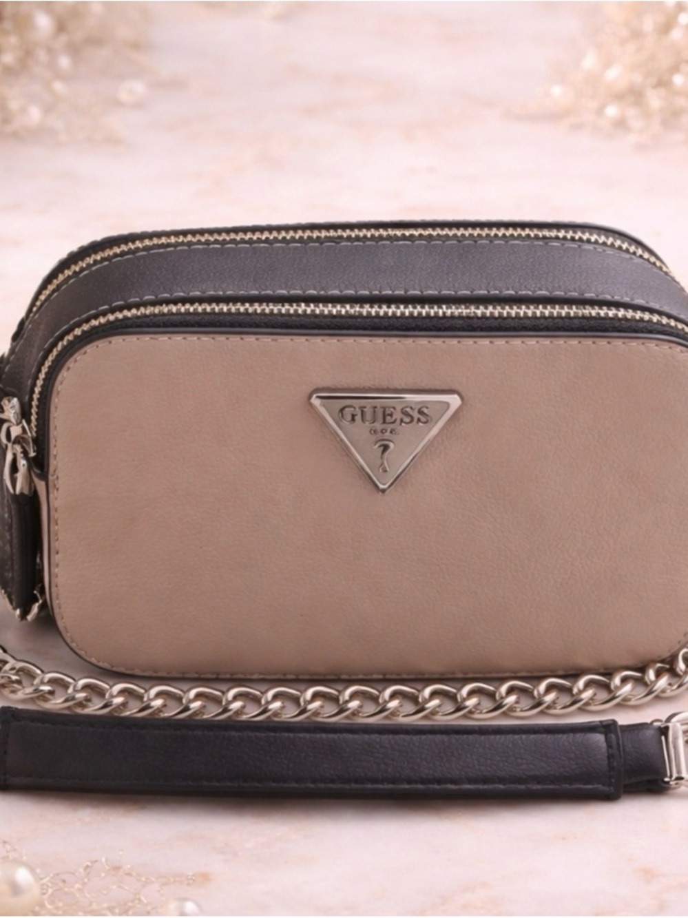 GUESS Black and Taupe Double-Zip Crossbody with Gold Hardware